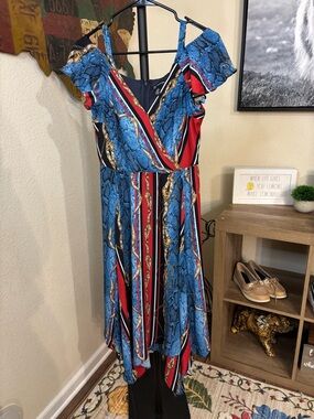 INC International Concepts Blue and Red Asymmetrical Striped Midi Dress
